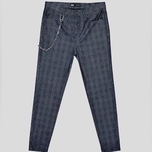 Zara Men Black and Gray Check Pants Trousers with Chain Detail 1313/402/828